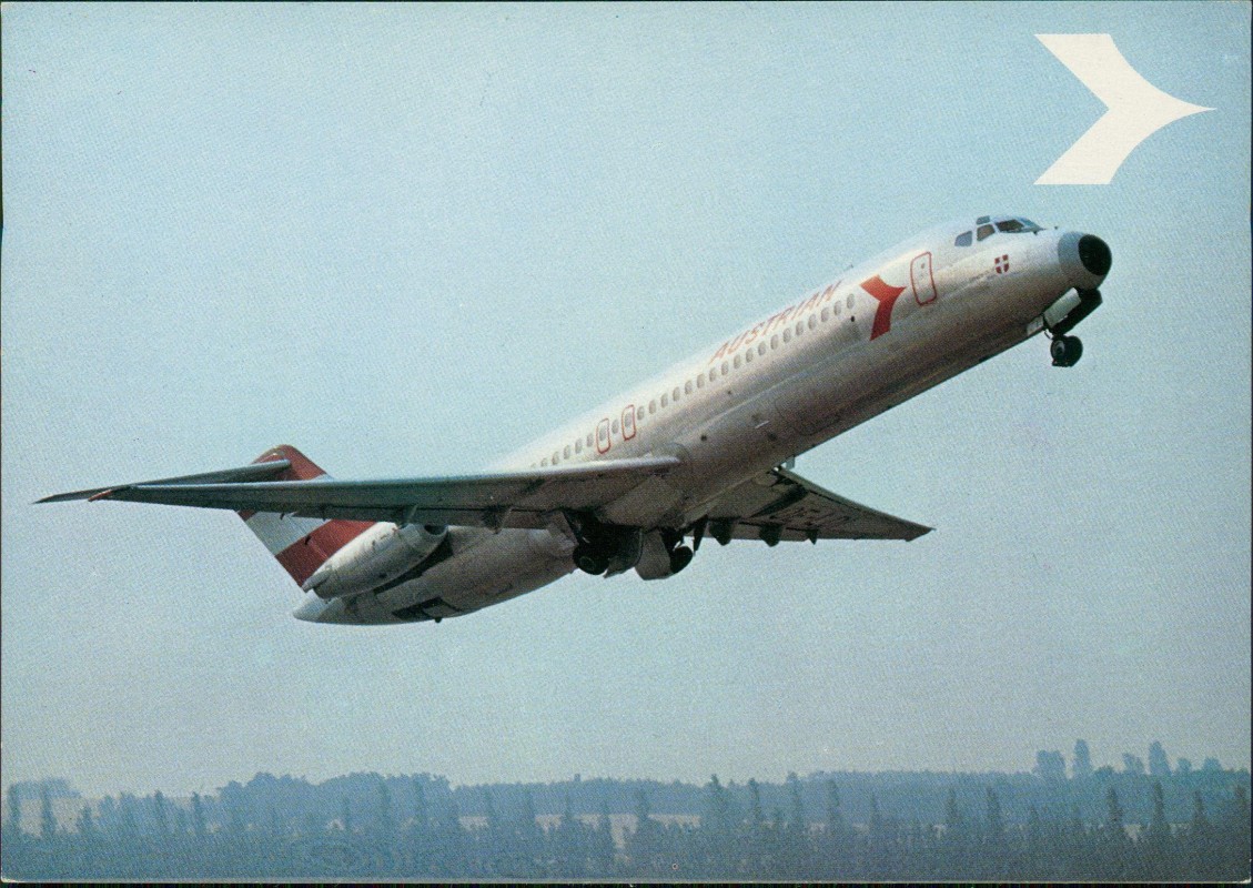 vergrößern: Bildseite historische Ansichtskarte von 1981: Flugzeug Airplane Avion AUSTRIAN AIRLINES Douglas DC 9/32::
