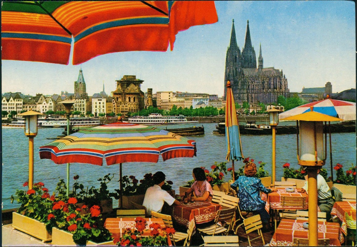 vergrößern: Bildseite historische Ansichtskarte von 1980: Rheinuferblick mit Dom von der Sünner-Terrasse:: Köln