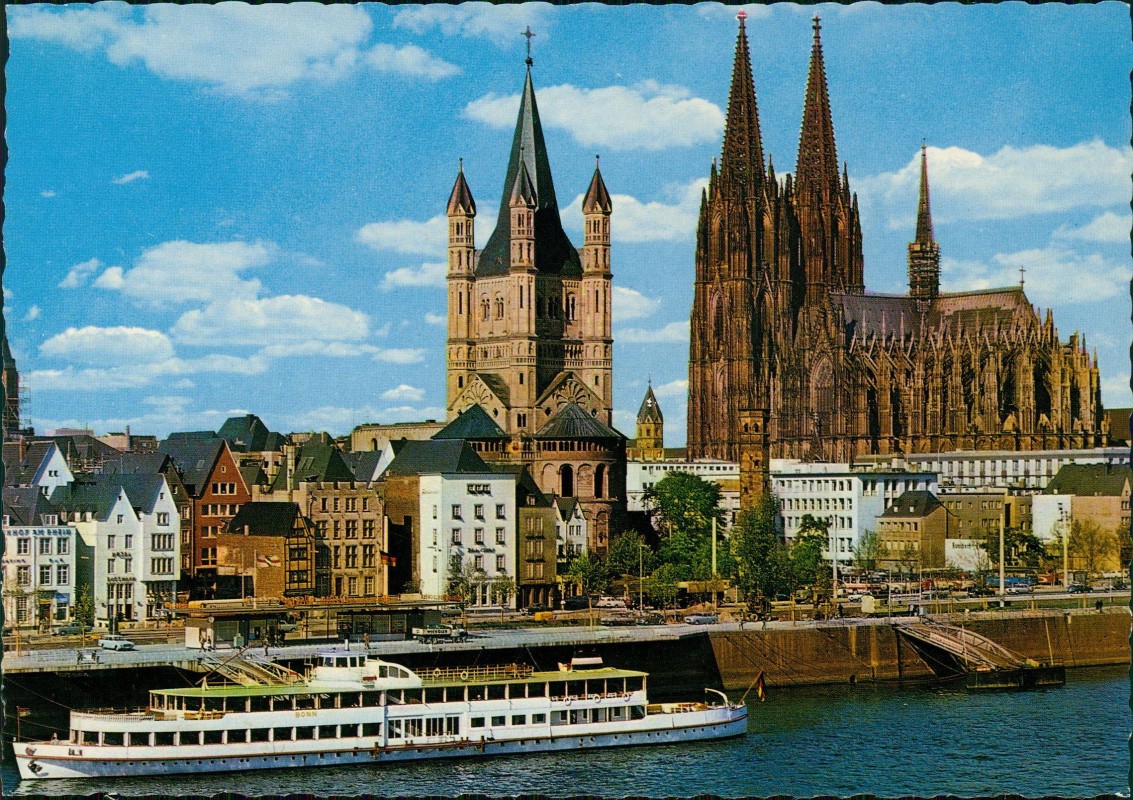 vergrößern: Bildseite historische Ansichtskarte von 1965: Rheinufer mit Dom und Groß-St.-Martin:: Köln