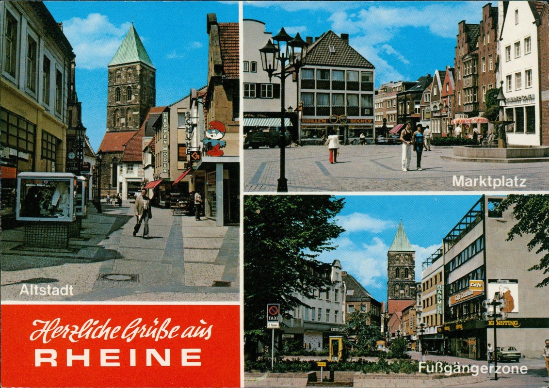 zoom: Image side vintage Postcard from 1990: Mehrbildkarte von Rheine mit Marktplatz & Altstadt:: Rheine Westfalen