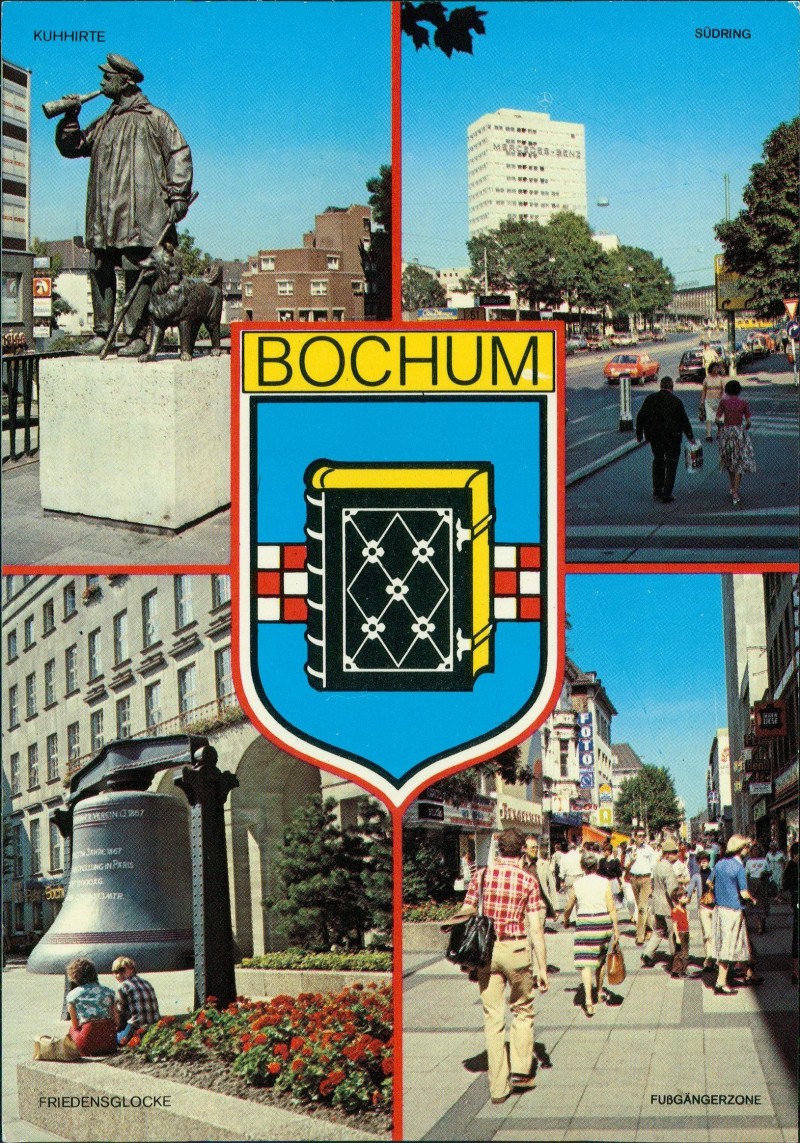 zoom: Image side vintage Postcard from 1985: Mehrbildkarte von Bochum mit Friedensglocke, Südring & Kuhhirte:: Bochum