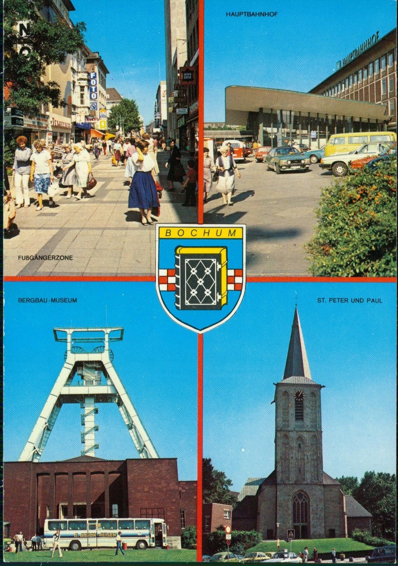 vergrößern: Bildseite historische Ansichtskarte von 1985: Mehrbildkarte von Bochum mit Hauptbahnhof, Bergbau-Museum & St. Peter und Paul:: Bochum