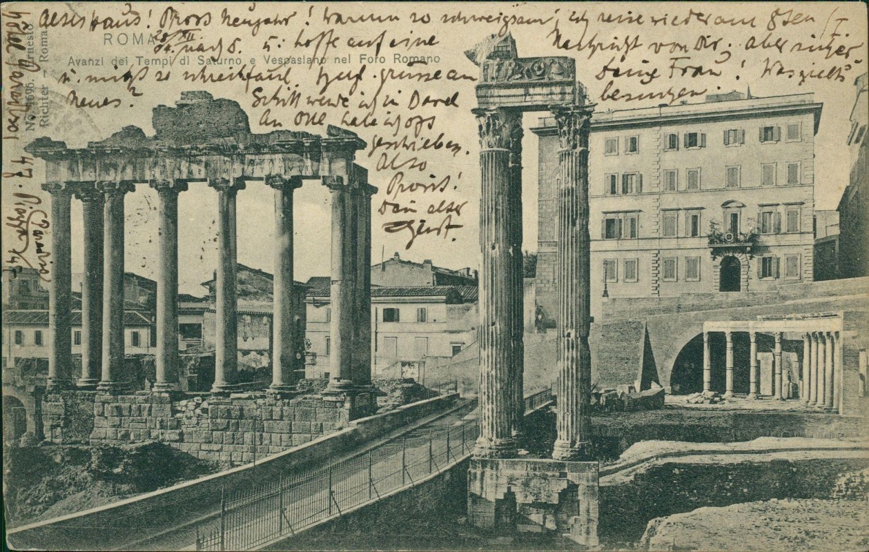 zoom: Image side vintage Postcard from 1904: Avanzi del Tempi di Saturno - Foro Romano:: Rome