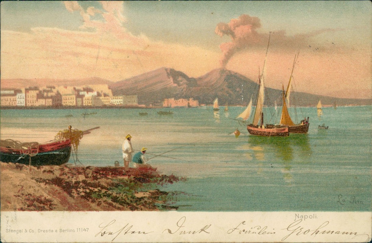 zoom: Image side vintage Postcard from 1901: Angler am Ufer Vesuv und Segelboote:: Naples