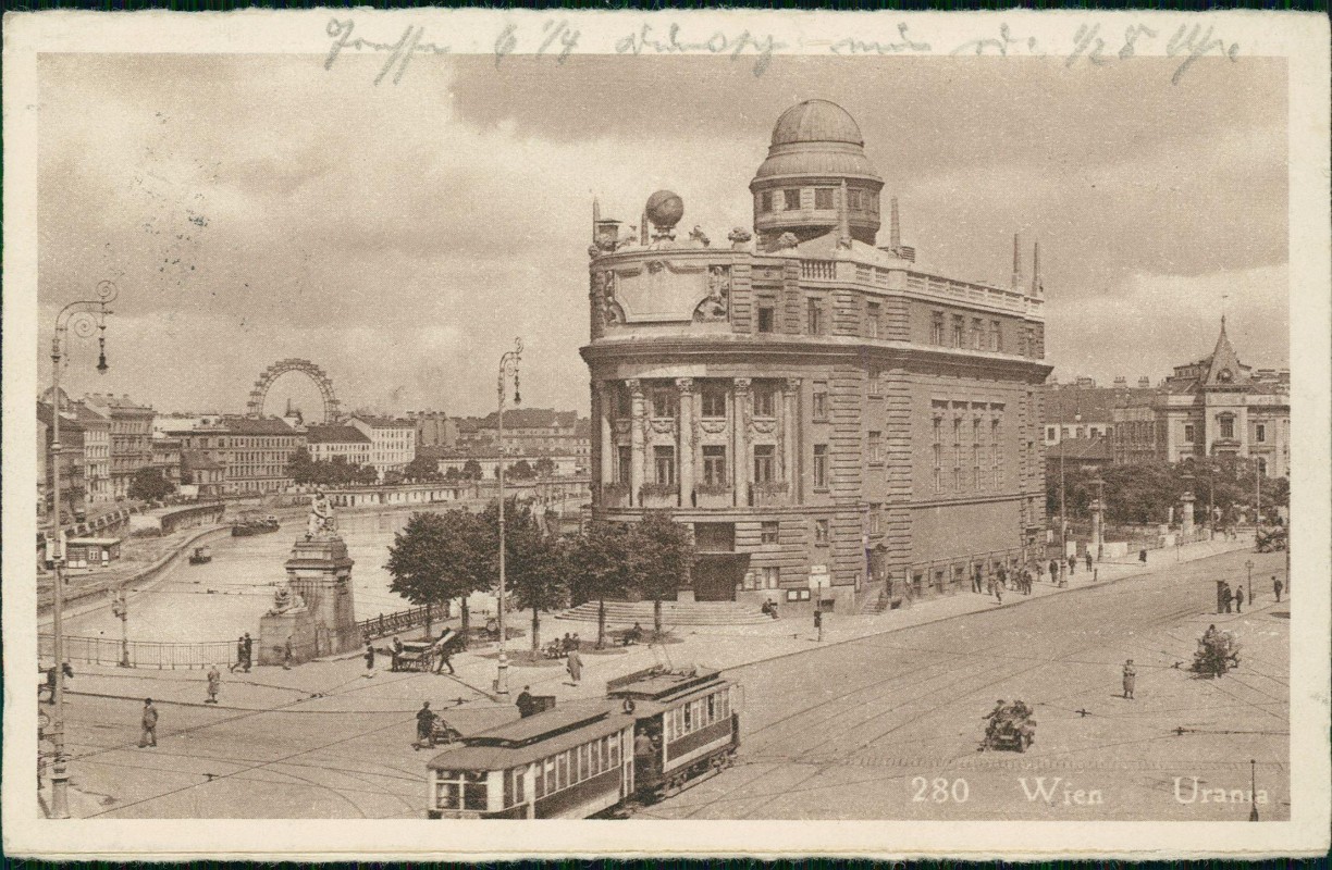 vergrößern: Bildseite historische Ansichtskarte von 1928: Urania Straße im Hintergrund Prater-Riesenrad:: Wien