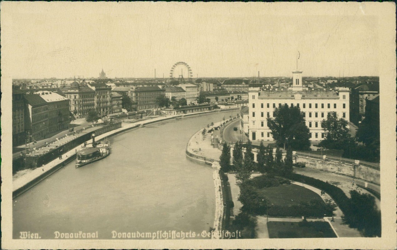 zoom: Image side vintage Postcard from 1942: Donaukanal im Hintergrund Praterriesenrad:: Vienna