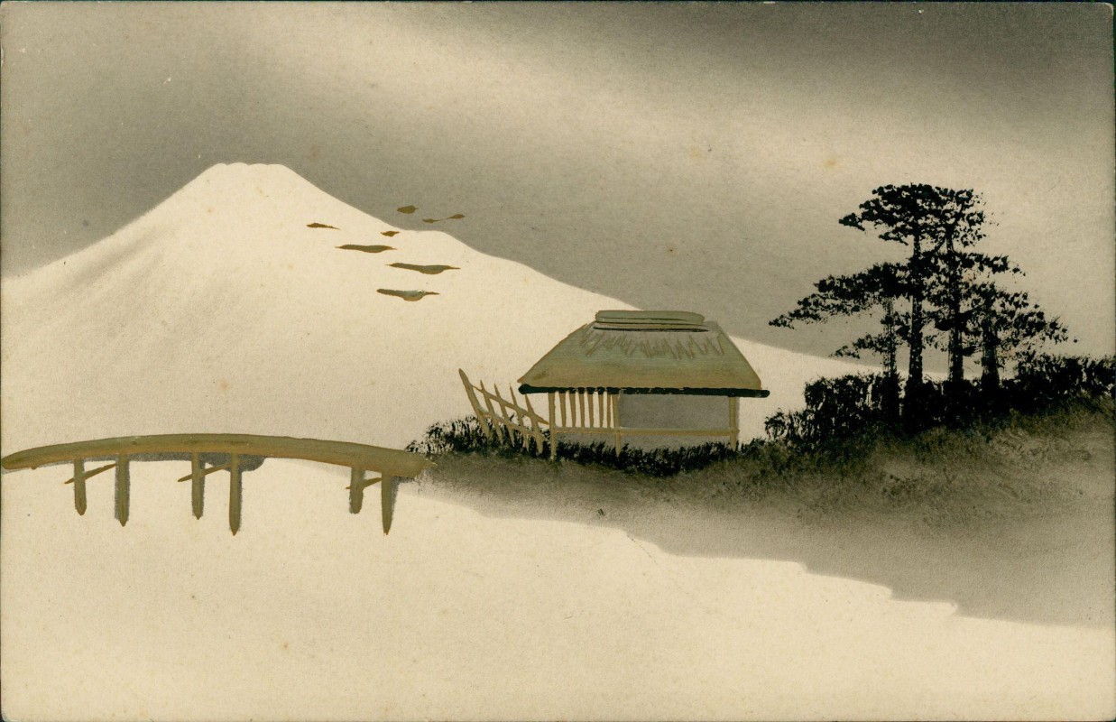 zoom: Image side vintage Postcard from 1912: Fujiyama Künstlerkarte Zeichnung Gold Nippon:: Japan