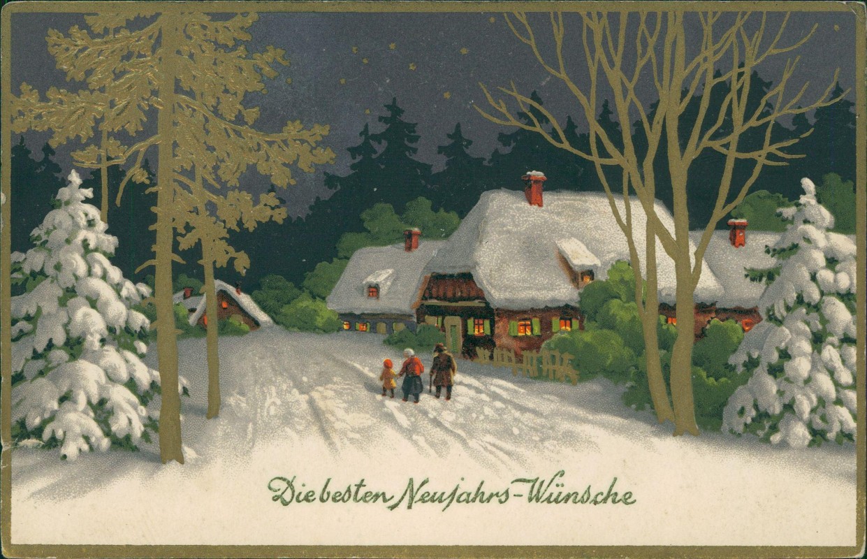 zoom: Image side vintage Postcard from 1930: Neujahr Sylvester New Year Familie am Waldeshaus bei Nacht::