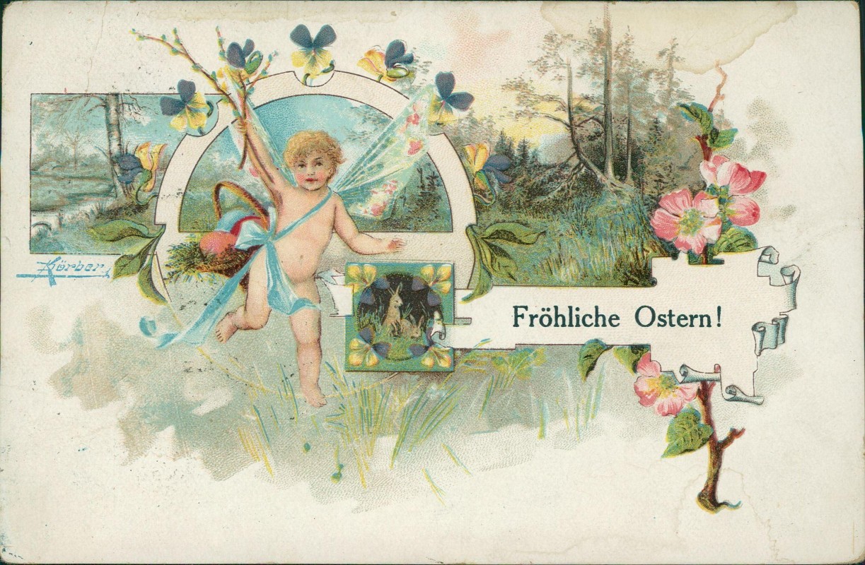 vergrößern: Bildseite historische Ansichtskarte von 1914: Ostern Easter Engel Osterhase Künstlerkarte MB::
