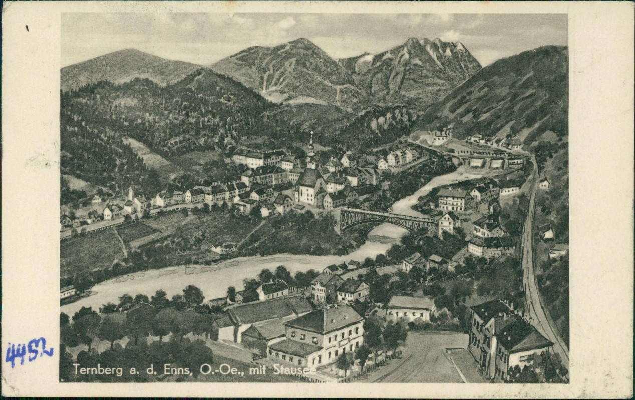 zoom: Image side vintage Postcard from 1928: Künstlerkarte Stadt mit Straßenblick:: Ternberg Enns