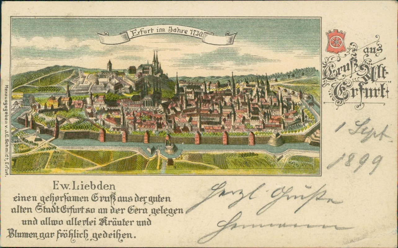 zoom: Image side vintage Postcard from 1899: Alt Erfurt mit Stadtmauer im Jahre 1730:: Erfurt