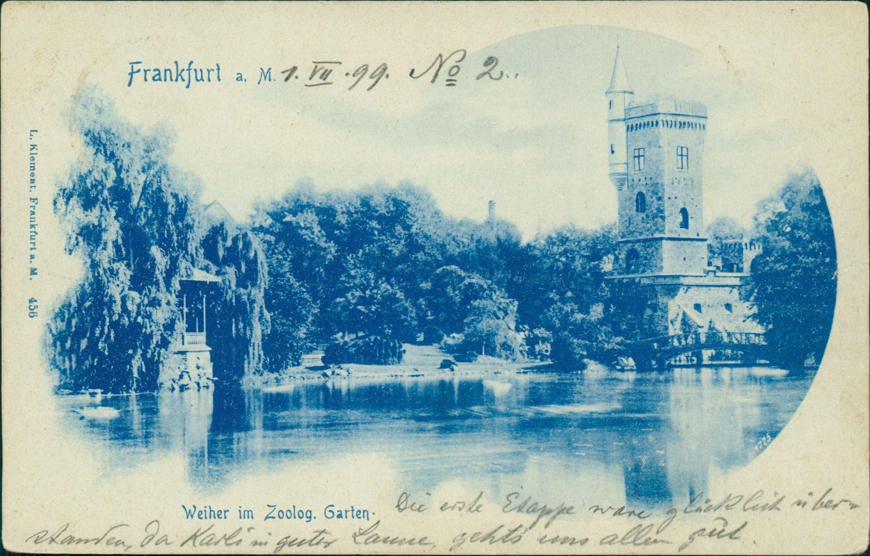 zoom: Image side vintage Postcard from 1899: Zoologischer Garten Weiher Turm Blaudruck:: Frankfurt am Main