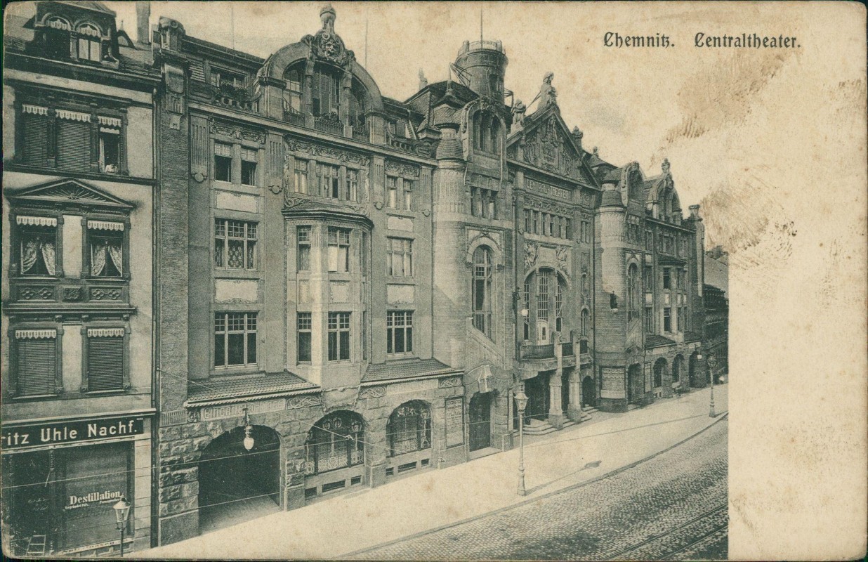 zoom: Image side vintage Postcard from 1905: Centraltheater Destillation Uhle:: Chemnitz