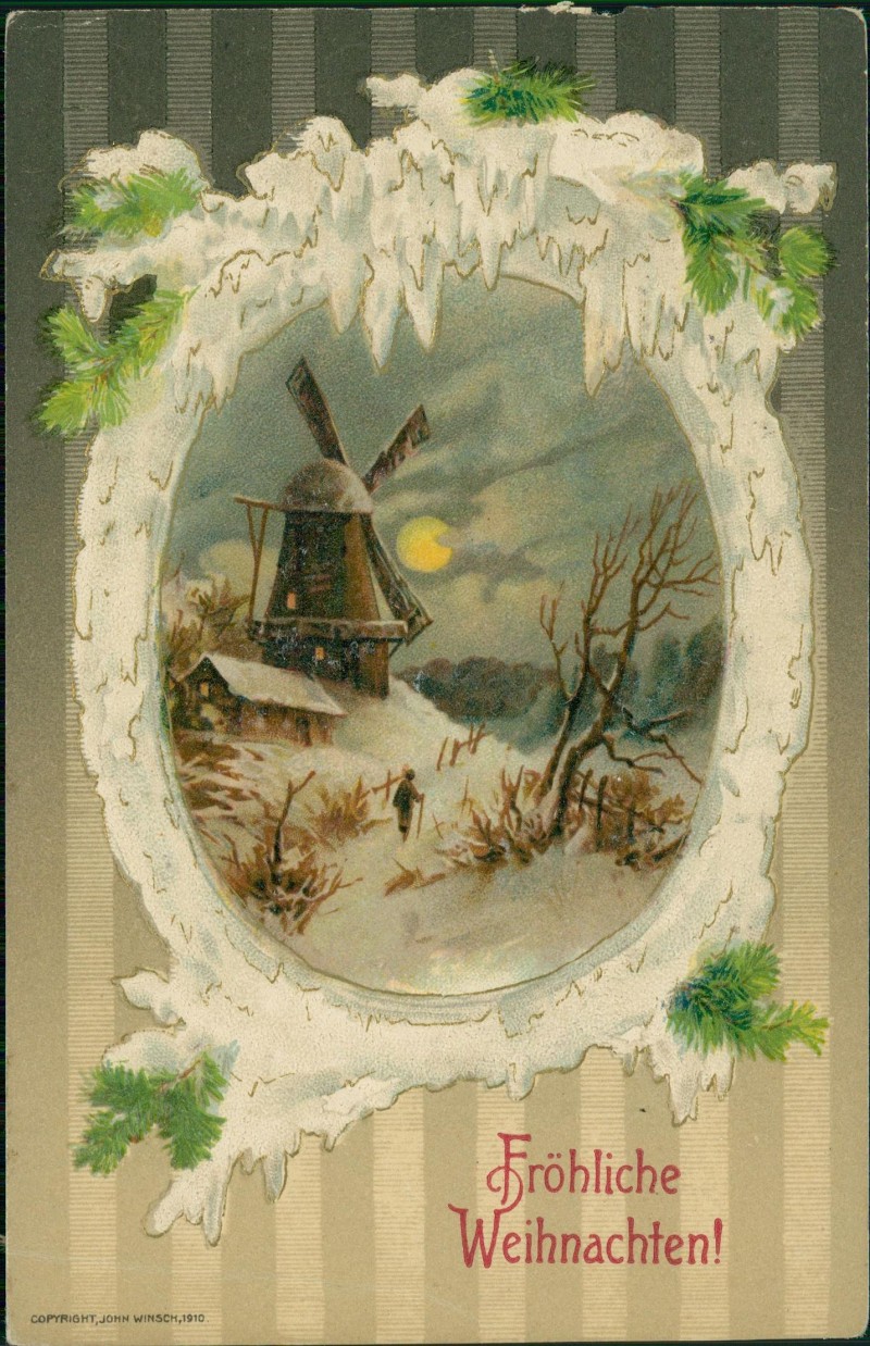 vergrößern: Bildseite historische Ansichtskarte von 1910: Weihnachten Christmas Windmühle Mondschein::