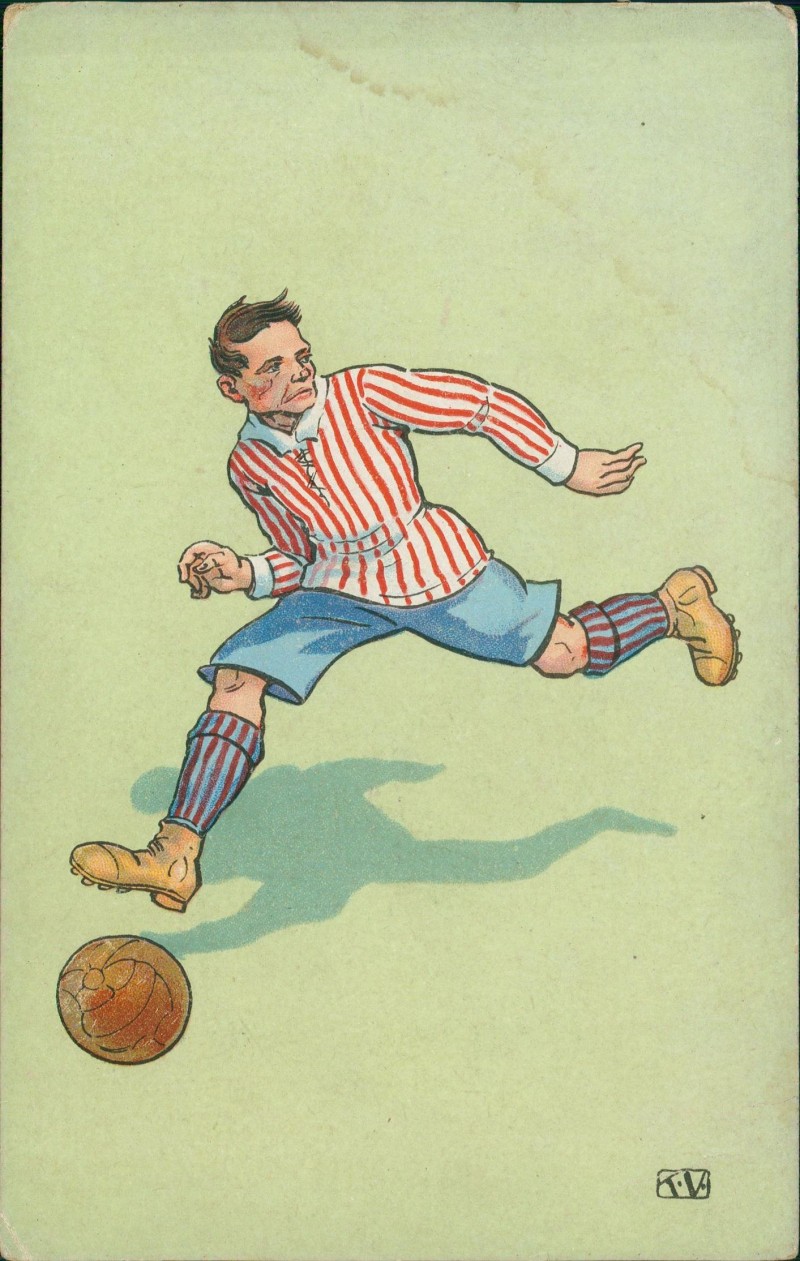 zoom: Image side vintage Postcard from 1918: Sport - Fußball Fußballspieler mit Ball Künstlerkarte::