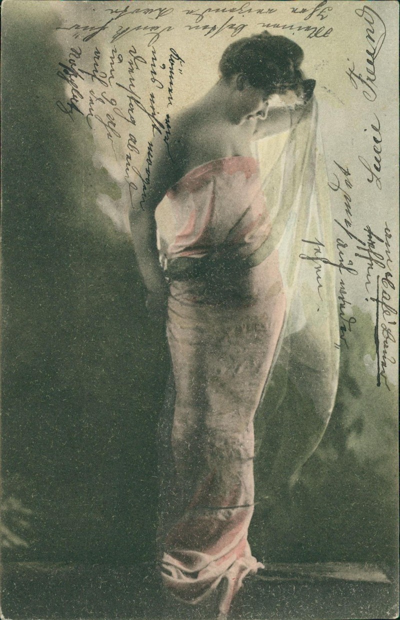 vergrößern: Bildseite historische Ansichtskarte von 1905: Schöne Frau durchsichtiges Kleid - Erotik::