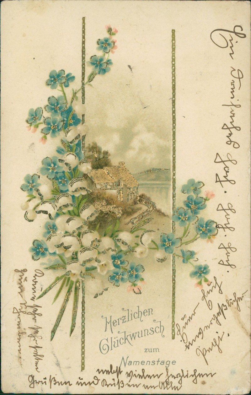 zoom: Image side vintage Postcard from 1905: Geburtstag Birthday Veilchenstrauss vor Landschaft::