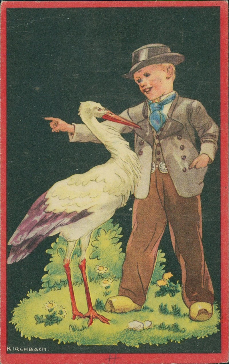 vergrößern: Bildseite historische Ansichtskarte von 1938: Junger Mann schickt Storch davon Scherzkarte Humor Künstlerkarte::