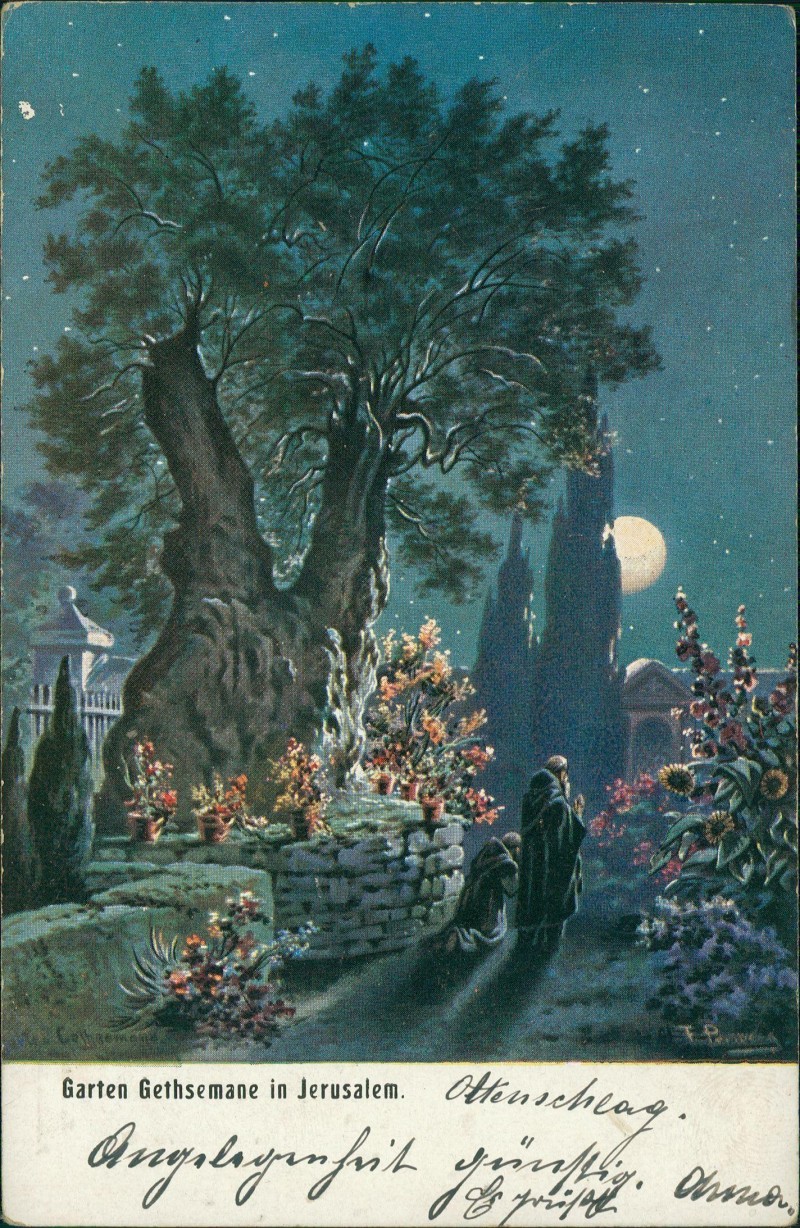 zoom: Image side vintage Postcard from 1911: Gethsemane bei Mondschein Künstlerkarte:: Jerusalem
