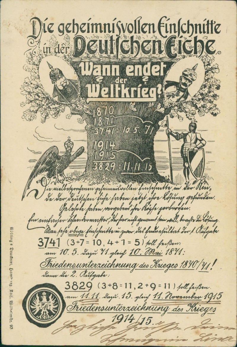 zoom: Image side vintage Postcard from 1915: Kuriositäten Deutsche Eiche Wann endet der Weltkrieg::