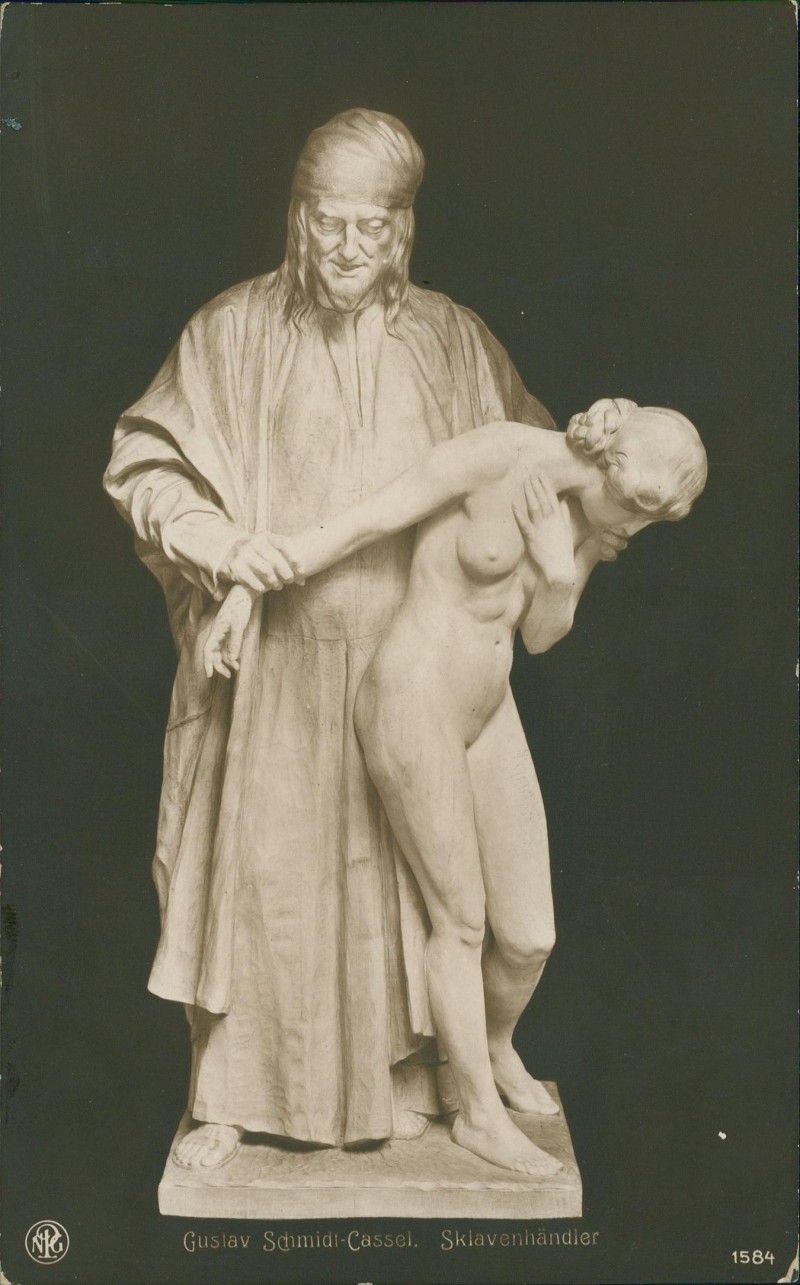vergrößern: Bildseite historische Ansichtskarte von 1911: Statue Plastik nackte Frau - Sklavenhändler::
