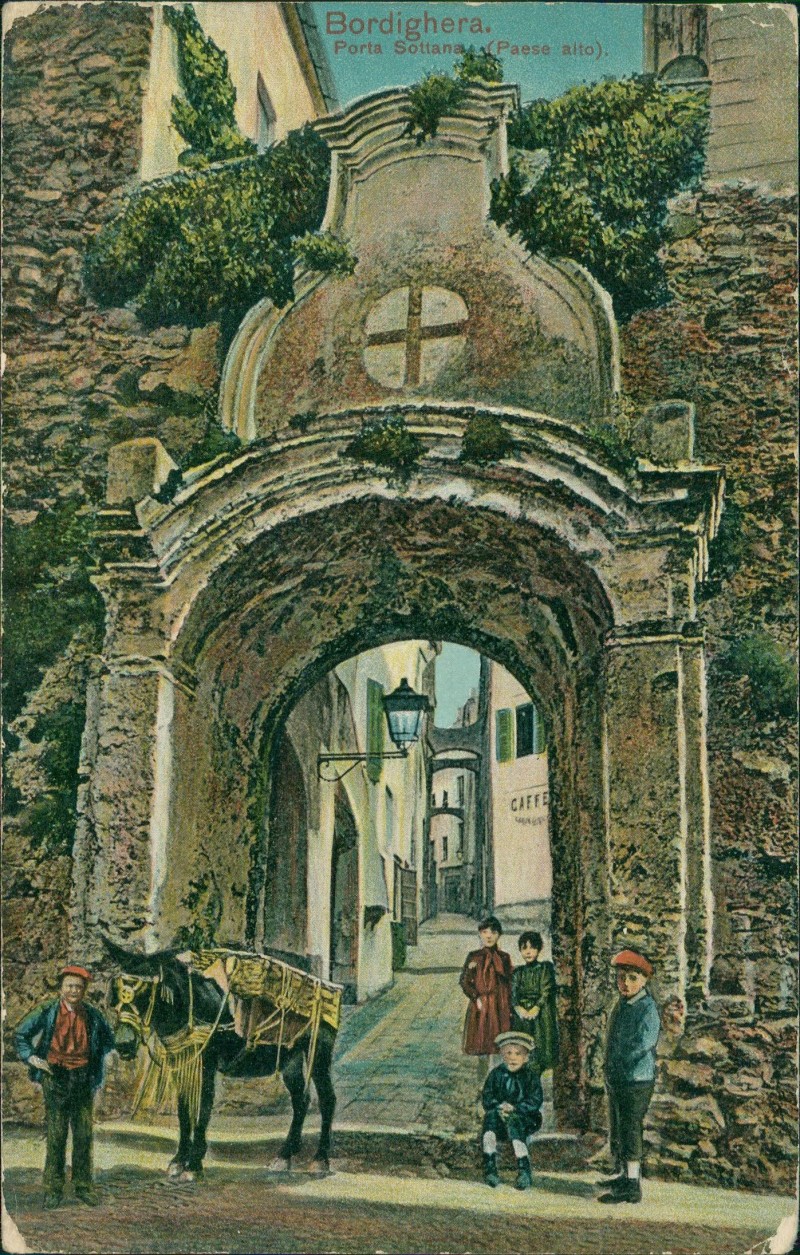vergrößern: Bildseite historische Ansichtskarte von 1912: Porta Sottana Paese alto Kinder Esel:: Bordighera