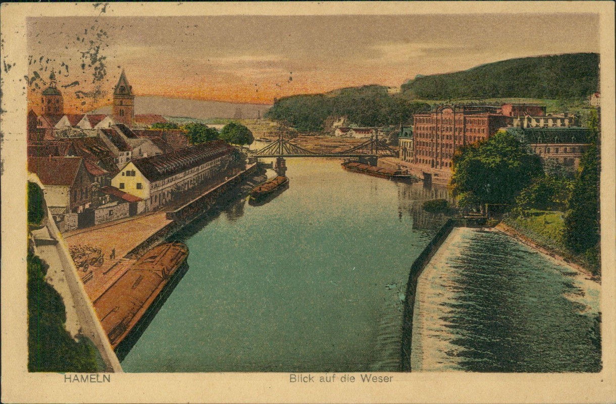 zoom: Image side vintage Postcard from 1921: Blick auf die Weser:: Hann. Münden