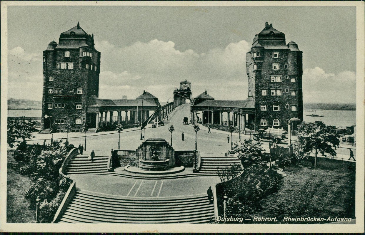 zoom: Image side vintage Postcard from 1938: Rheinbrücken-Aufgang:: Ruhrort-Duisburg