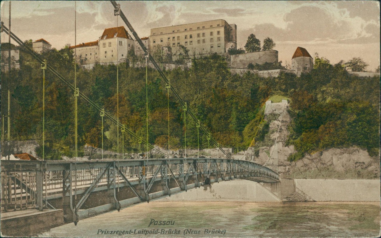 zoom: Image side vintage Postcard from 1908: Prinzregent-Luitpold-Brücke Neue Brücke:: Passau
