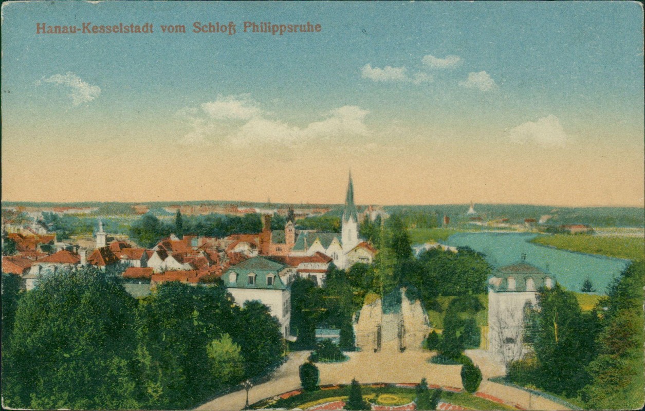 vergrößern: Bildseite historische Ansichtskarte von 1918: Kesselstadt vom Schloß Philippsruhe:: Hanau