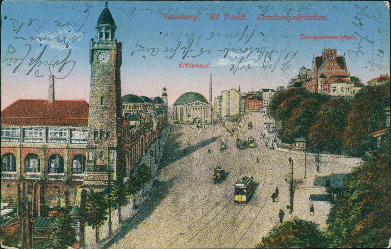 zoom: Image side vintage Postcard from 1928: Landungsbrücken Elbtunnel Navigationsschule:: St. Pauli-Hamburg