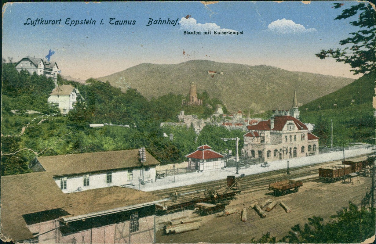 zoom: Image side vintage Postcard from 1922: Blick auf den Bahnhof:: Eppstein (Taunus)