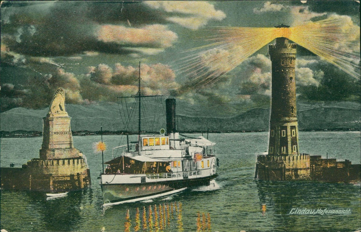 zoom: Image side vintage Postcard from 1913: Hafen Dampfer bei Nachr Stimmungsbild:: Lindau (Bodensee)