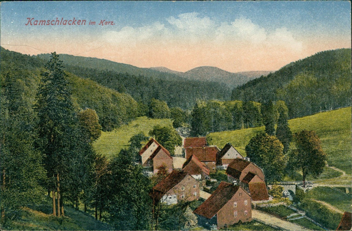 vergrößern: Bildseite historische Ansichtskarte von 1913: Stadtpartie:: Riefensbeek-Kamschlacken-Osterode (Harz)