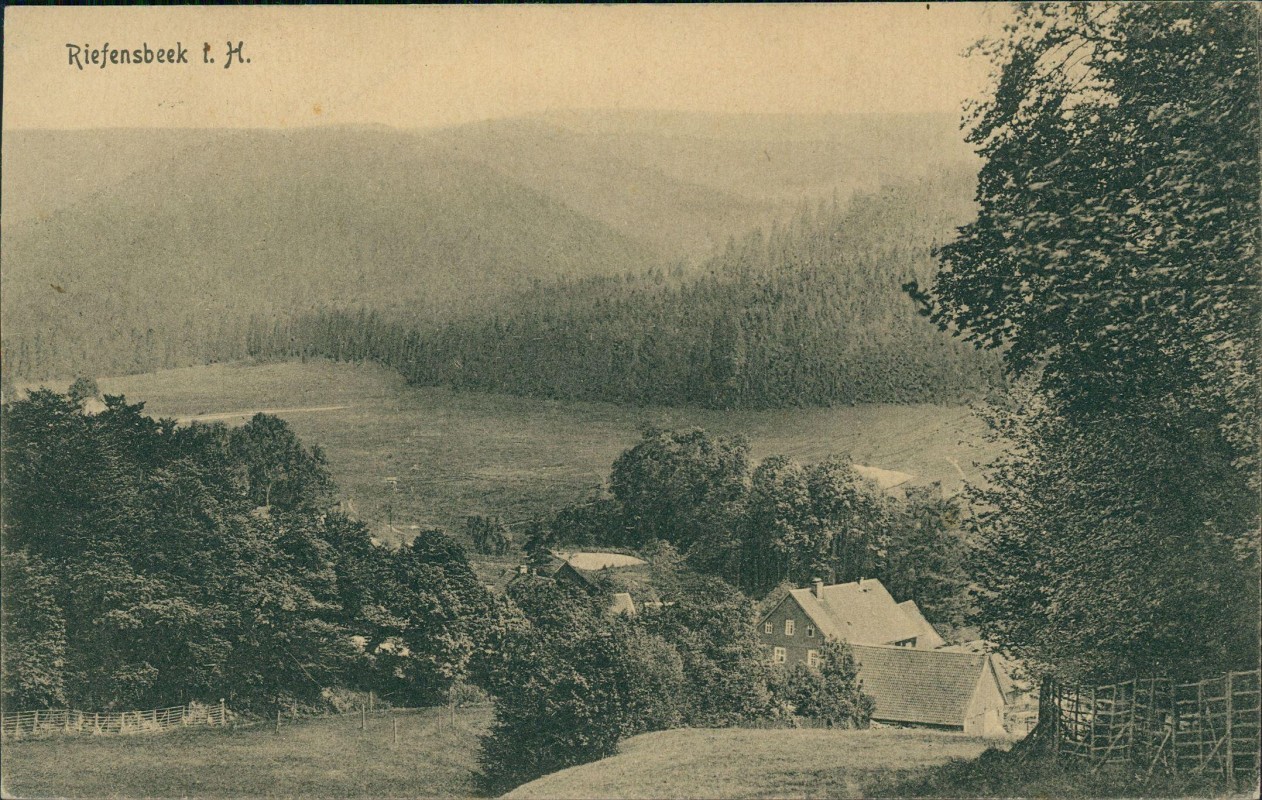 zoom: Image side vintage Postcard from 1910: Blick auf Ort - Harz:: Riefensbeek-Kamschlacken-Osterode (Harz)