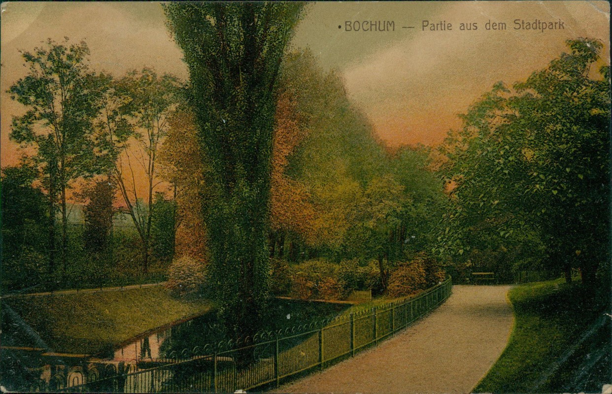 zoom: Image side vintage Postcard from 1912: Partie aus dem Stadtpark:: Bochum