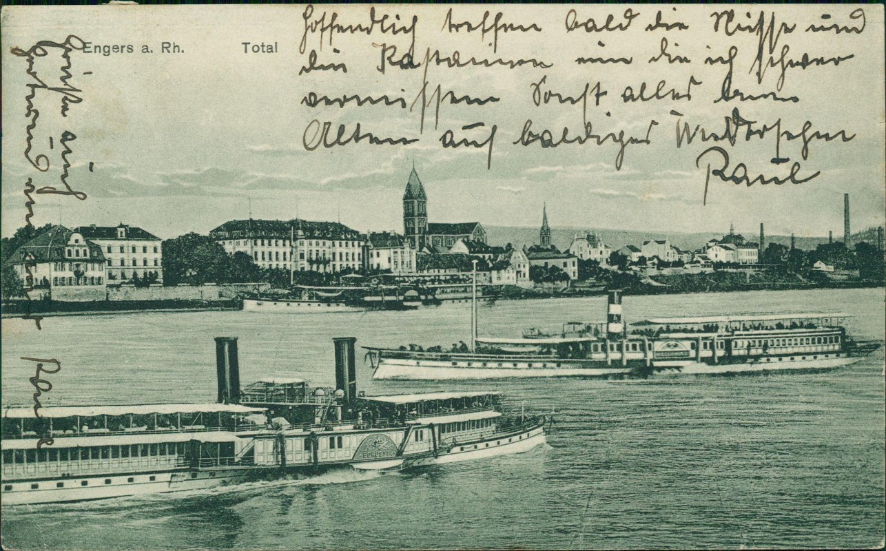 zoom: Image side vintage Postcard from 1929: Totale - Dampfer Schiff:: Engers Rhein-Neuwied (Rhein)