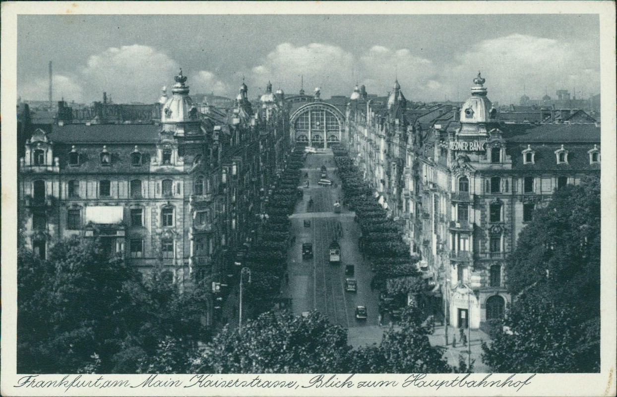 zoom: Image side vintage Postcard from 1929: Kaiserstraße - Blick zum Hauptbahnhof:: Frankfurt am Main