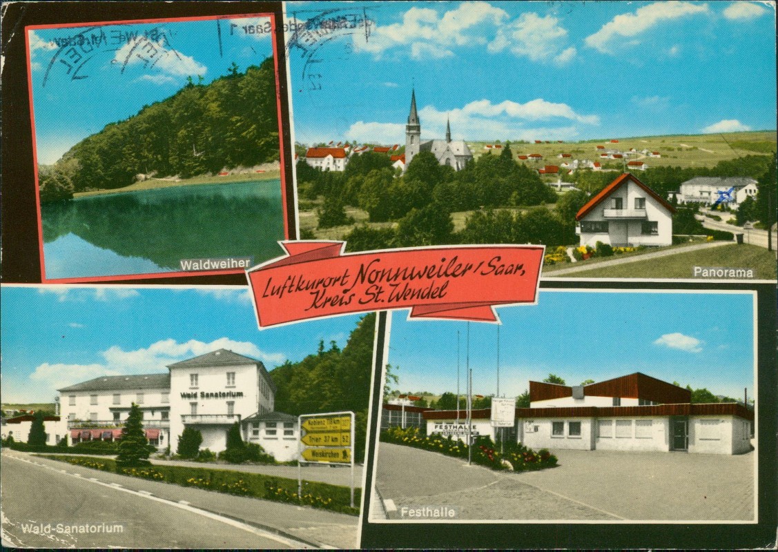 vergrößern: Bildseite historische Ansichtskarte von 1970: 4 Bild Waldweiher Festhalle Panorama:: Nonnweiler