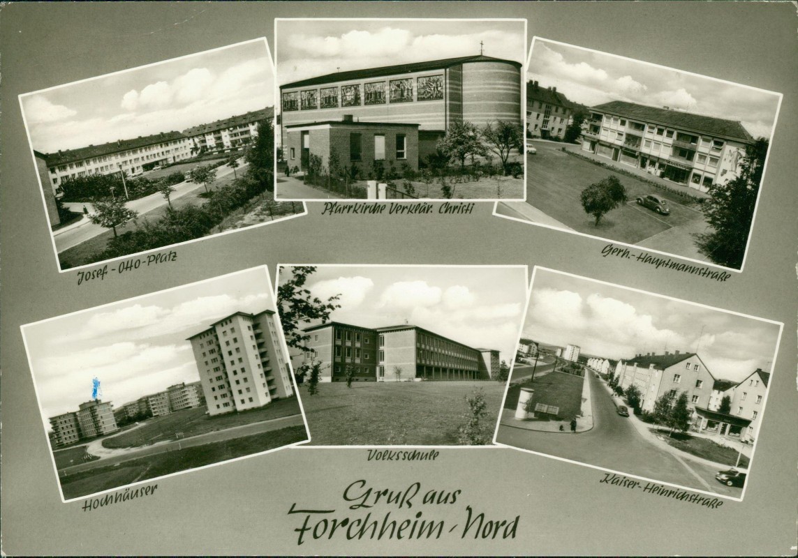 zoom: Image side vintage Postcard from 1969: Nord Neubaugebiet Mehrbildkarte Hochhäuser Schule:: Forchheim (Oberfranken)
