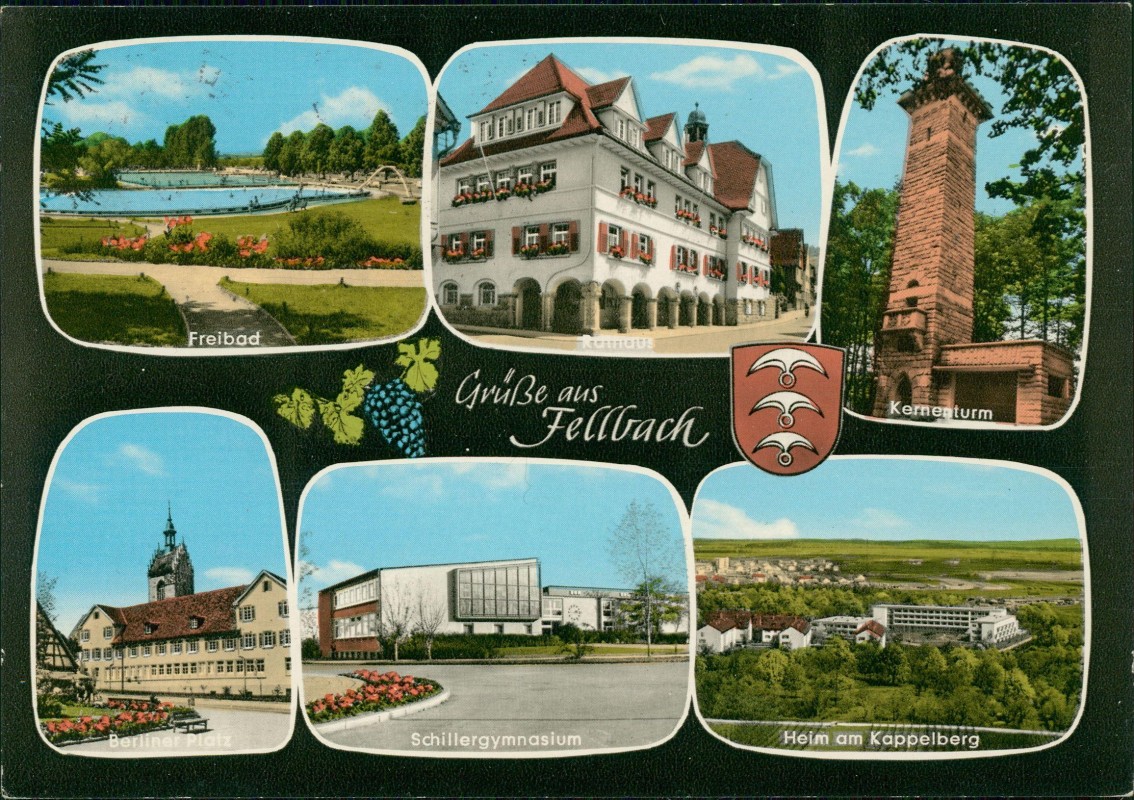 vergrößern: Bildseite historische Ansichtskarte von 1972: Mehrbild: Freibad Gymnasium:: Fellbach