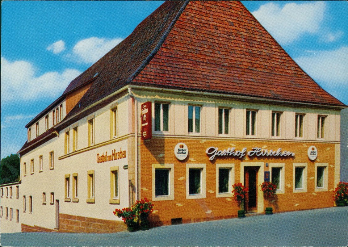 zoom: Image side vintage Postcard from 1977: Gasthof u. Motel Zum Hirschen:: Markt Bibart