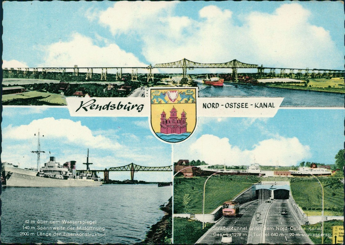 vergrößern: Bildseite historische Ansichtskarte von 1965: NORD OSTSEE KANAL Hochbrücke Schiff 3 Bild:: Rendsburg