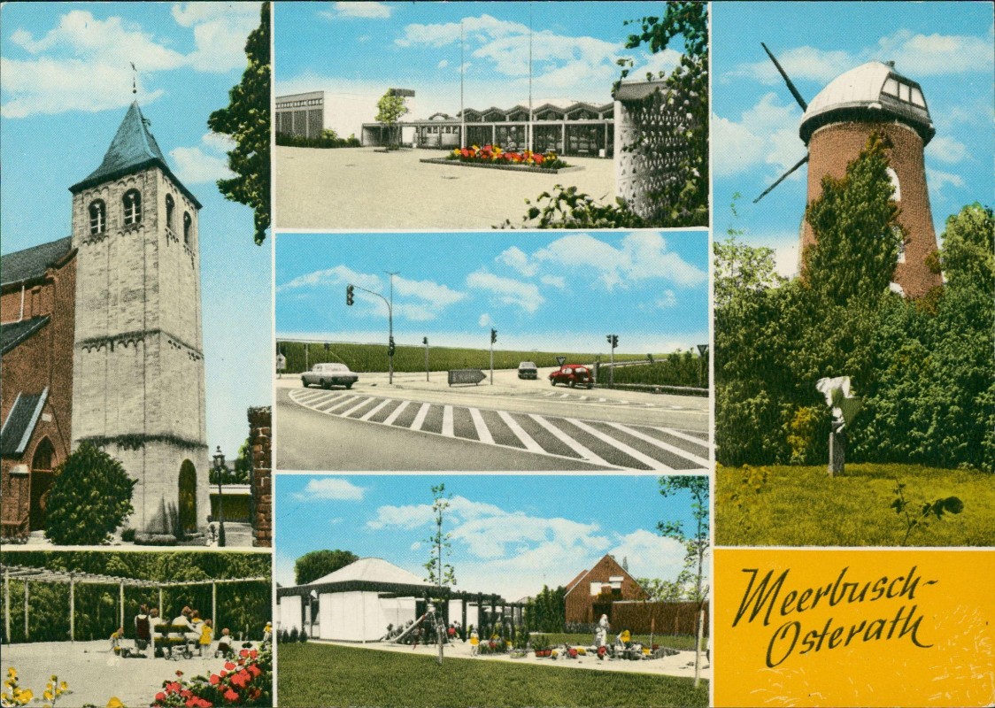vergrößern: Bildseite historische Ansichtskarte von 1972: Straße Kindergarten Windmühle:: Osterath-Meerbusch