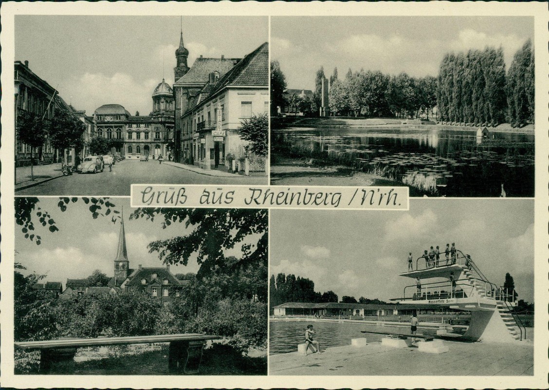 vergrößern: Bildseite historische Ansichtskarte von 1962: 4 Bild Schwimmbad Straße Park:: Rheinberg