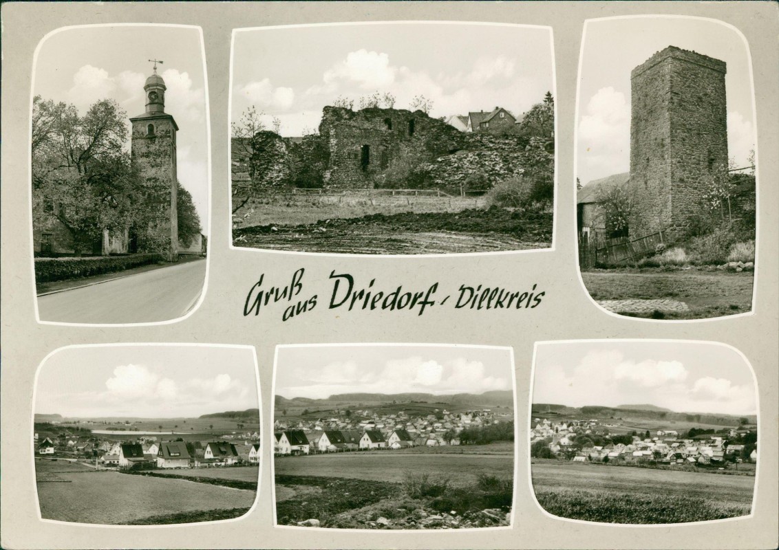 vergrößern: Bildseite historische Ansichtskarte von 1964: Stadtteilansichten Stadt Ruine:: Driedorf