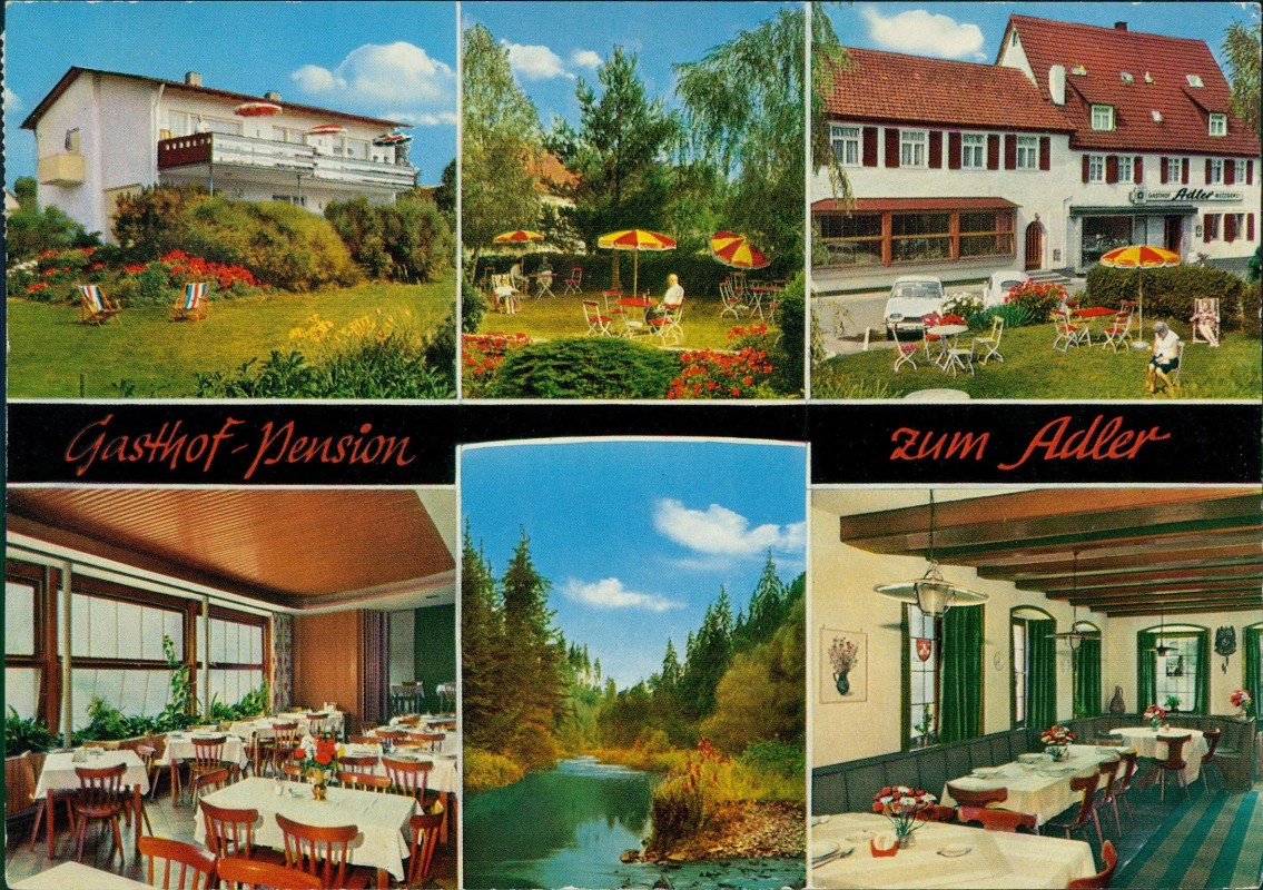 vergrößern: Bildseite historische Ansichtskarte von 1974: Gasthof Pension zum Adler Gasthof Metzgerei Pension:: Mühlhausen an der Würm-Tiefenbronn