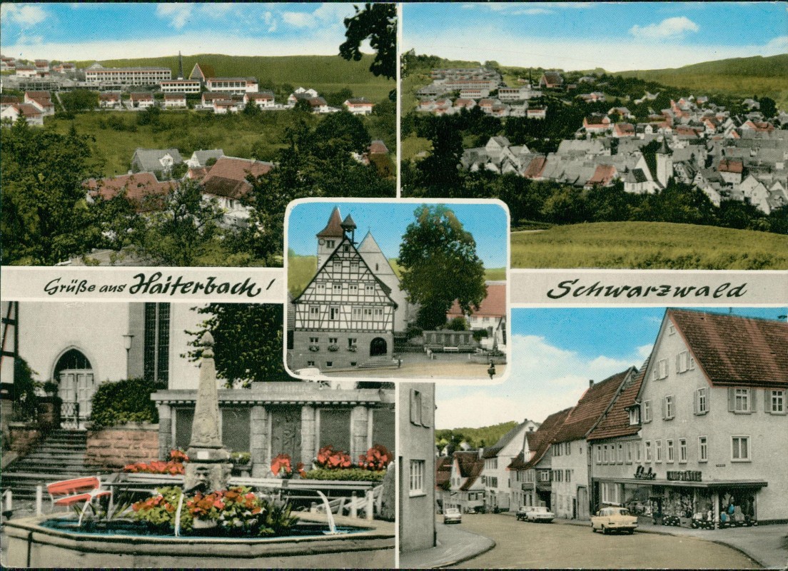 vergrößern: Bildseite historische Ansichtskarte von 1970: Straßenpartie, Brunnen, Stadt:: Haiterbach