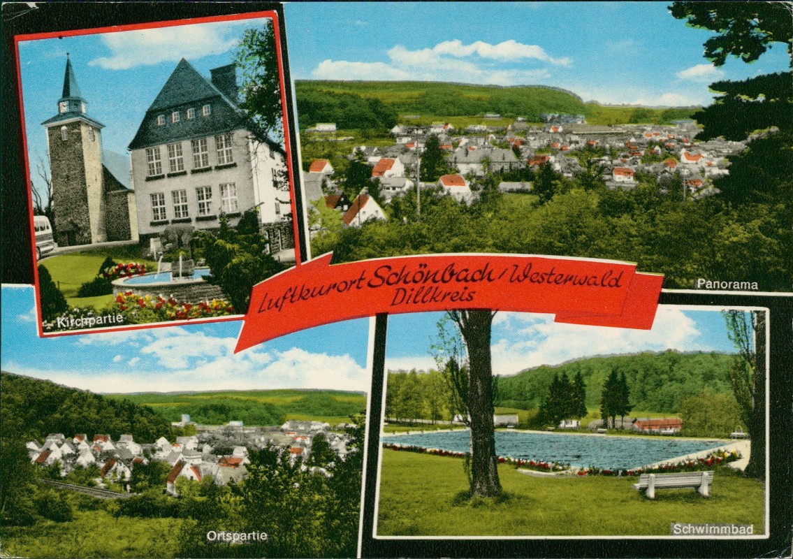 vergrößern: Bildseite historische Ansichtskarte von 1977: MB: Kirche Ortspartie Schwimmbad:: Schönbach Westerwald-Herborn