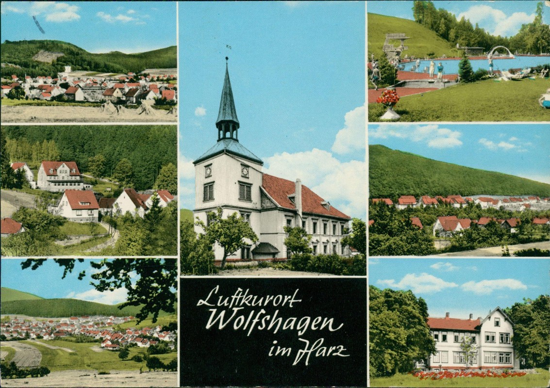 vergrößern: Bildseite historische Ansichtskarte von 1971: Ortsansichten Kirche Schwimmbad Mehrbild:: Wolfshagen (Harz)